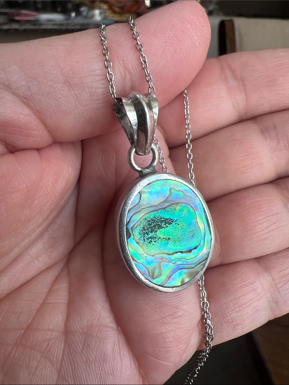Sterling Silver chunky Abalone Shell Pendant Necklace 18" chain